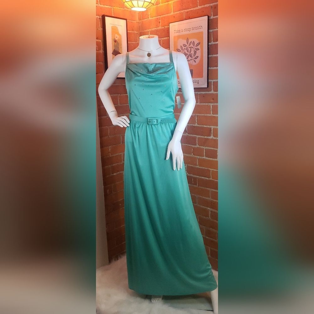 Vtg Seafoam Sparkle Maxi Dress W/ Jacket| 1970s Glam | Size 14